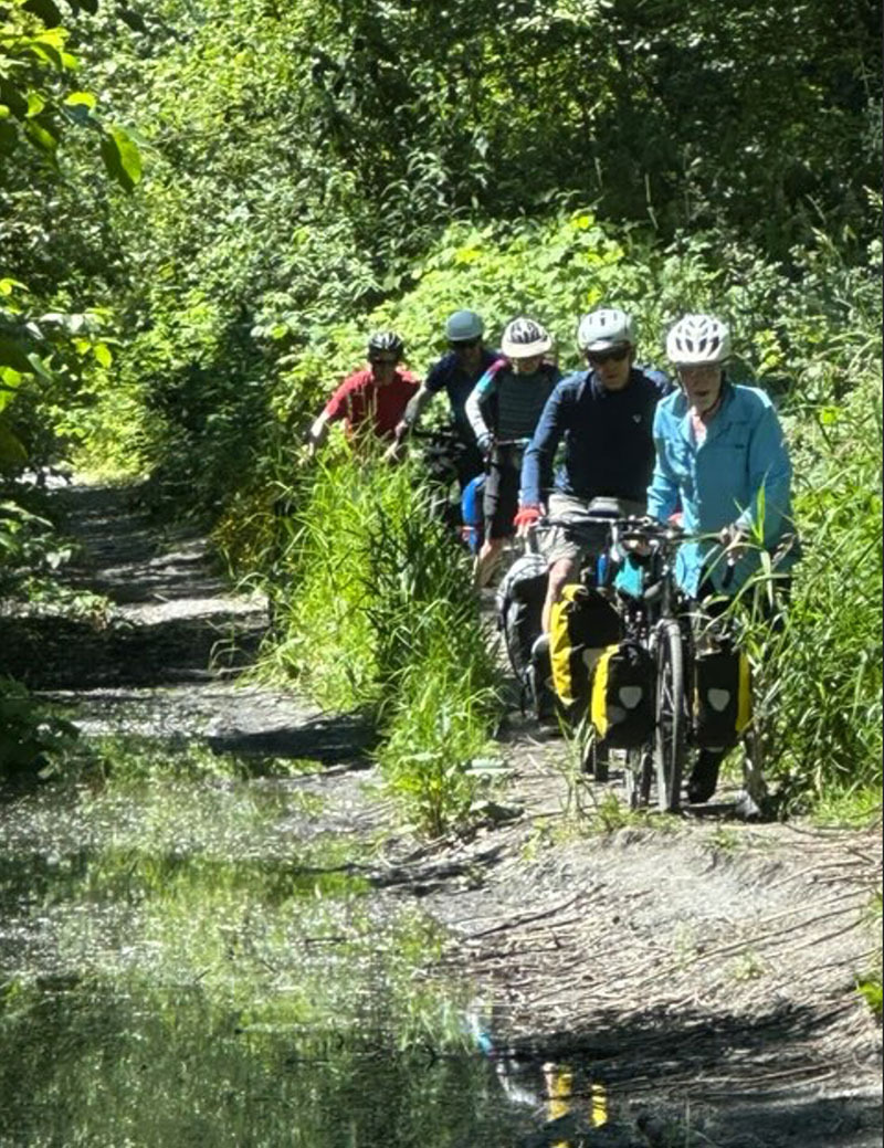 Bikepackers ride a narrow trail in tall grass