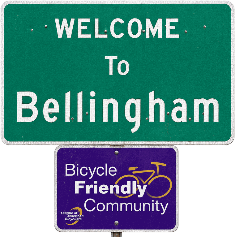 Road signs reading Welcome to Bellingham and Bicycle Friendly Community, with the League of American Bicyclists logo