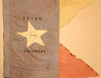 Guidon reading "Texas 2nd Infantry" on a blue panel with a white star and red and white tails