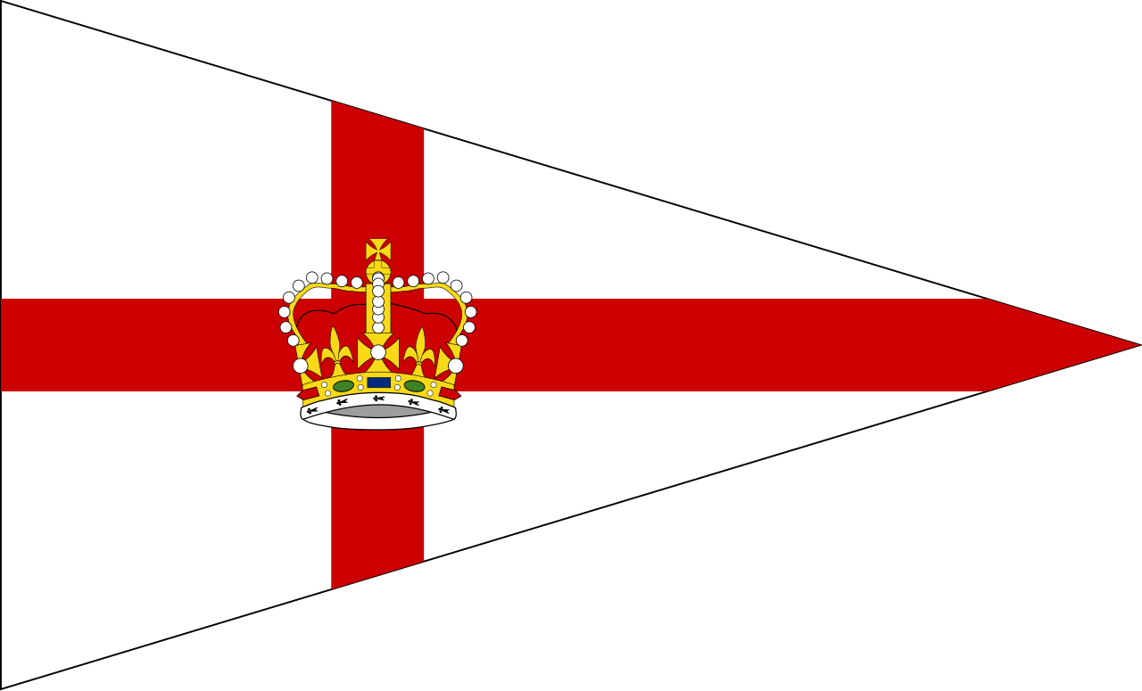 Burgee with red cross on white, overlaid with a crown