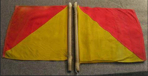 Two semaphore flags divided diagonally red over yellow