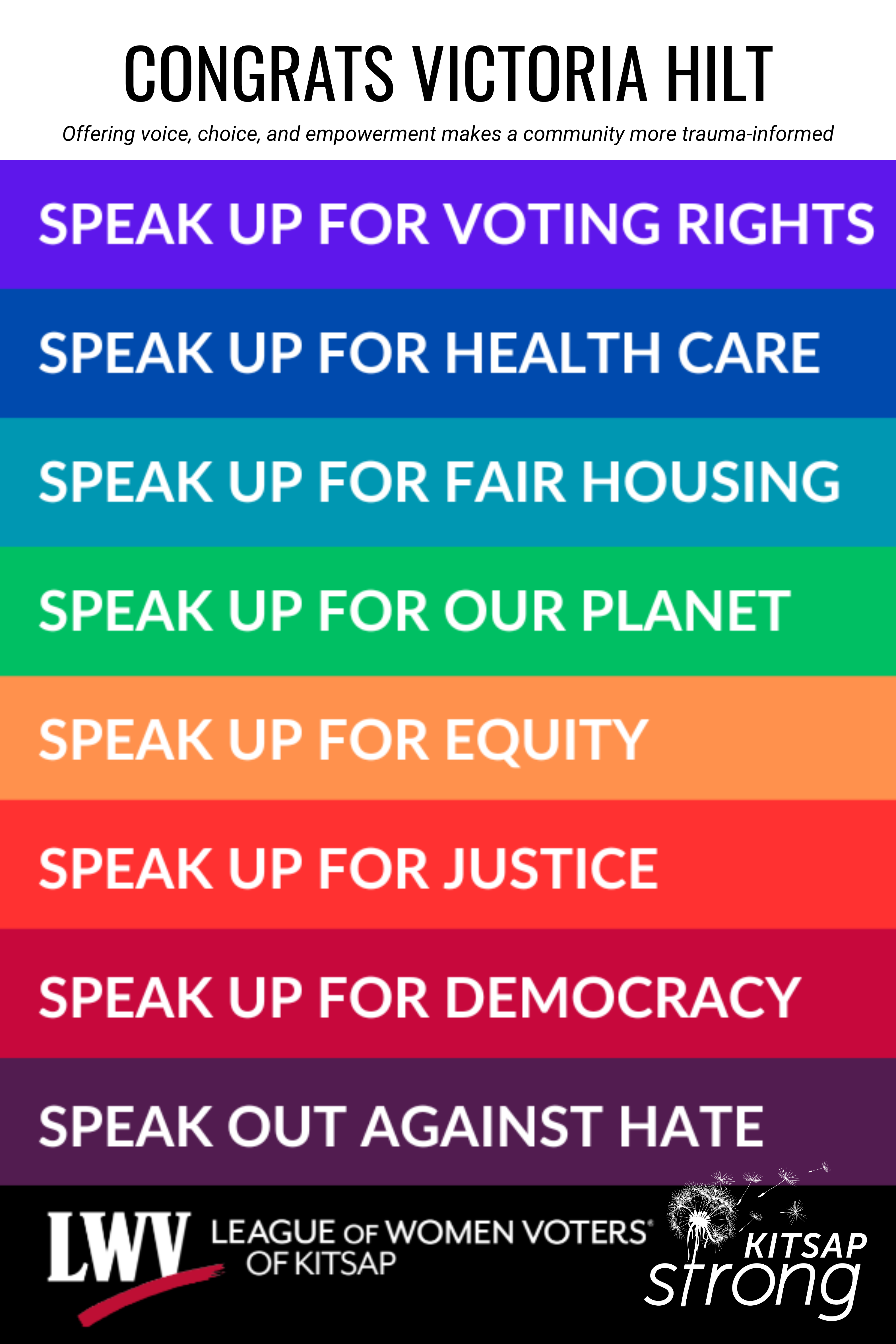 LWV of Kitsap values in rainbow colors.  Speak up for voting rights, health care, fair housing, our planet, equity, justice, democracy; speak out against hate