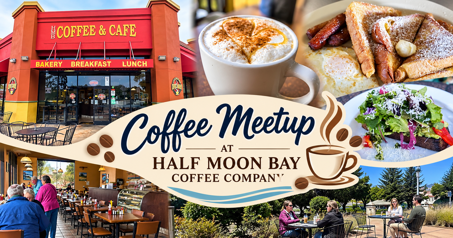 Coffee Meetup at Half Moon Bay Coffee Company, featuring the cafe, coffee, breakfast dishes, and seating areas