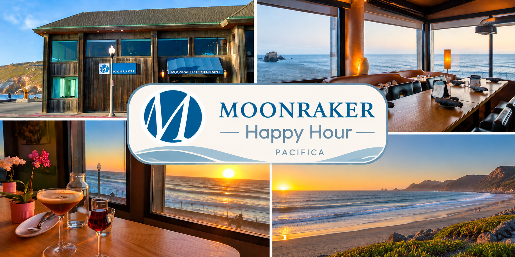 Moonraker Happy Hour banner featuring the restaurant and ocean views