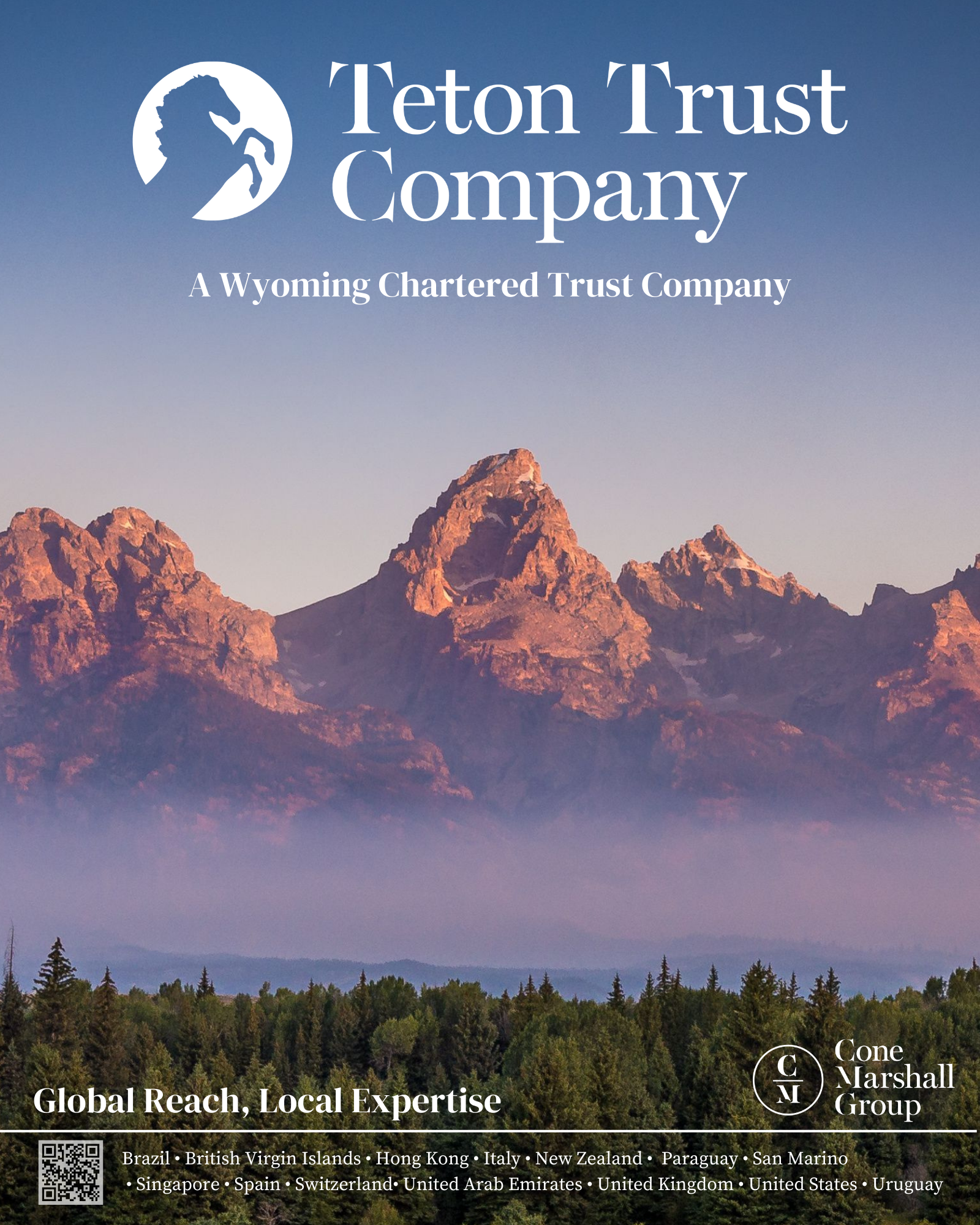 Teton Trust Company ad featuring a mountain range backdrop, the tagline “A Wyoming Chartered Trust C