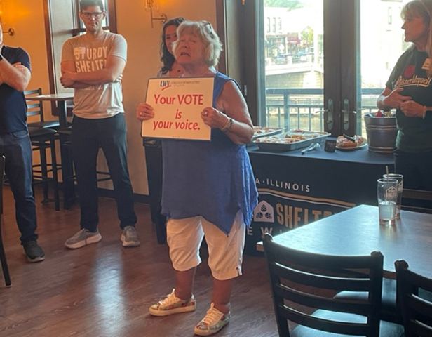 Patti Lackman, Co-President of the LWVCKC, speaks at Sturdy Shelter