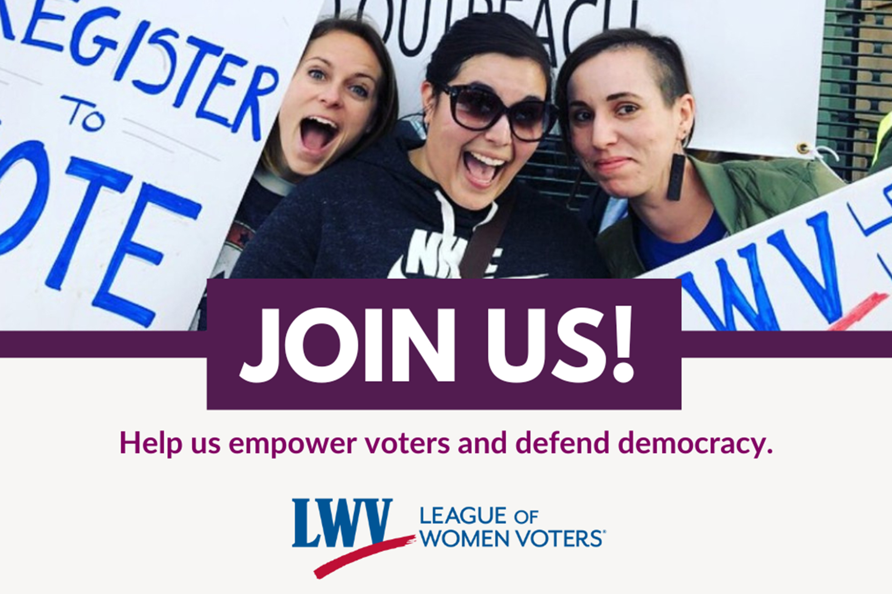 Join Us graphic with a photo of 3 League members Join Us graphic with a photo of 3 League members