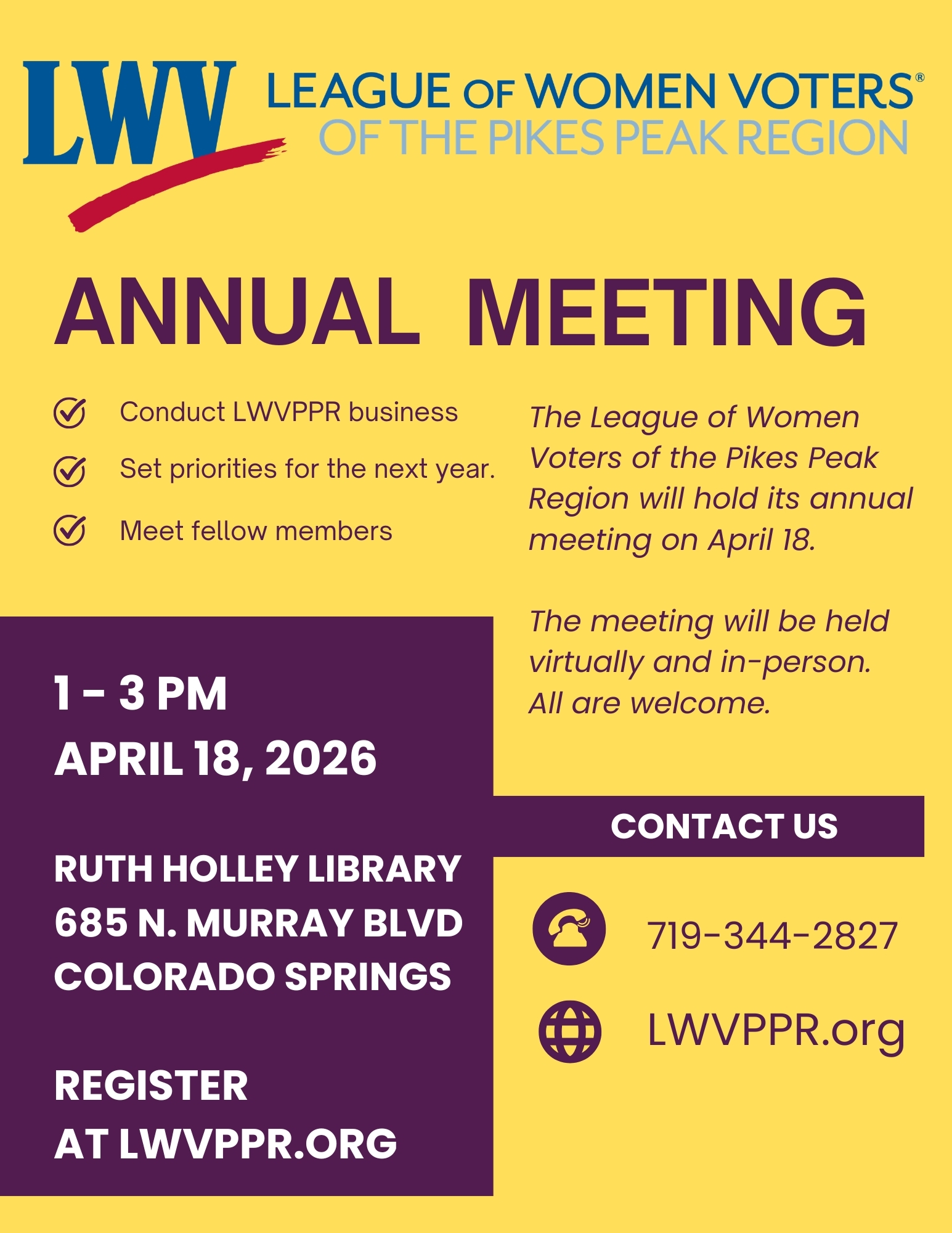League's annual meeting is at 1PM, April 18, at Ruth Holley Library, Colorado Springs.