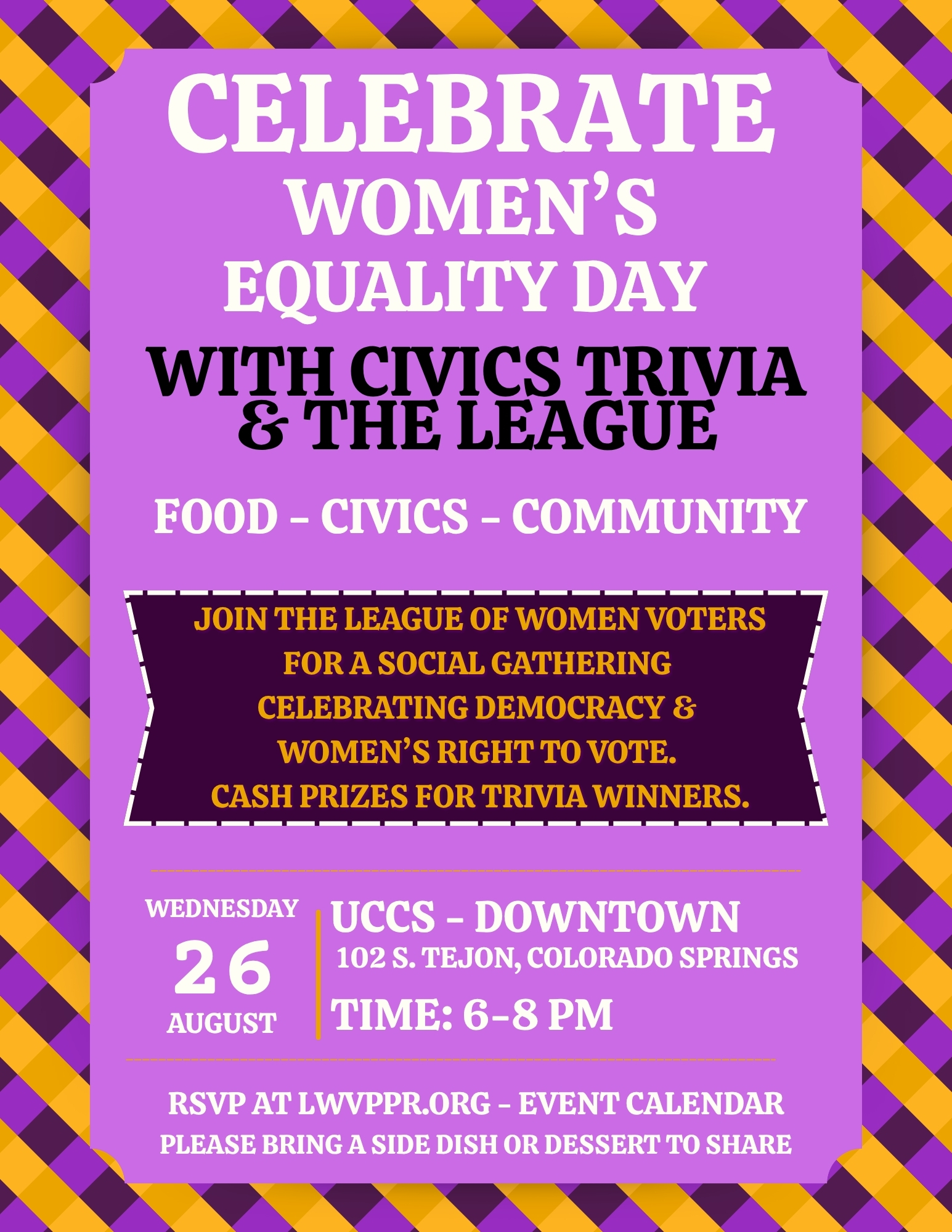 Women's Equality Day celebration at UCCS Downtown on August 26 at 6PM.