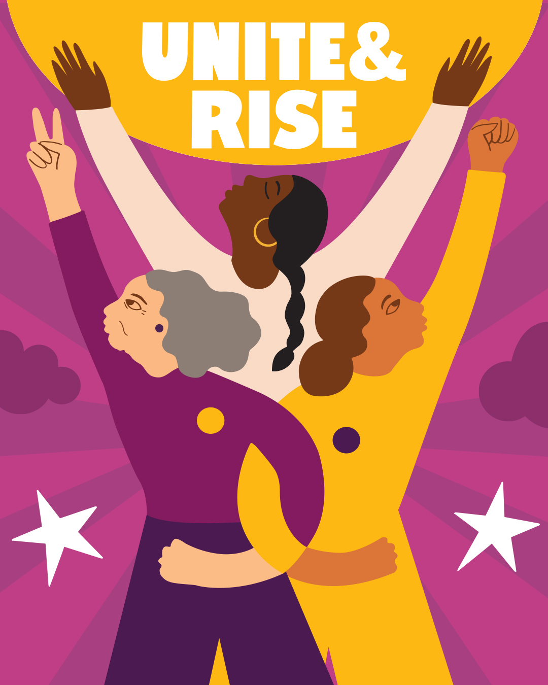 unite and rise illustrated art with 3 women holding arms up