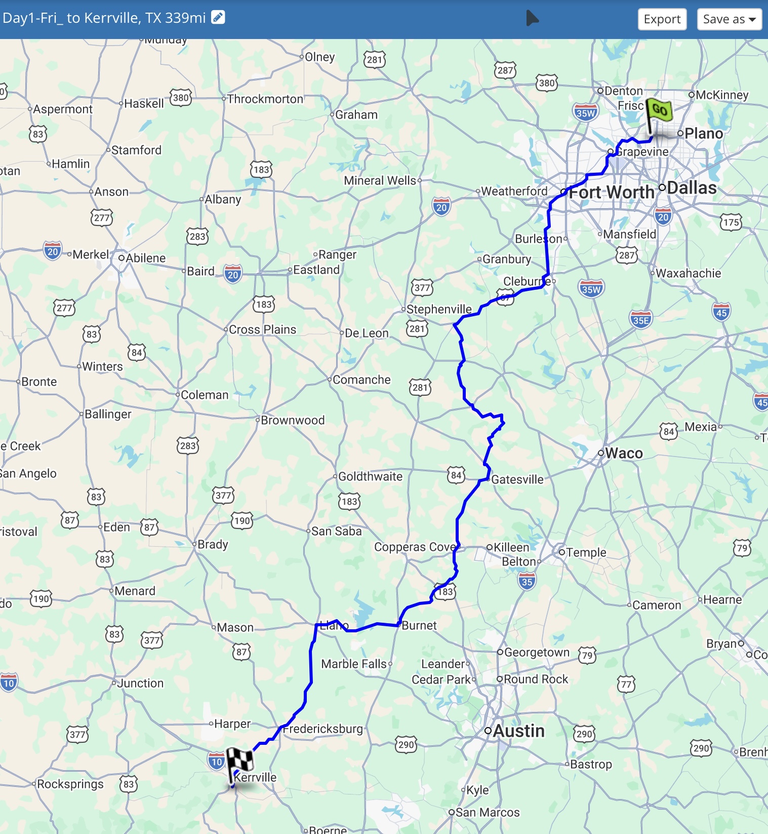 Hill Country Hangout 2026 - Day 1 route