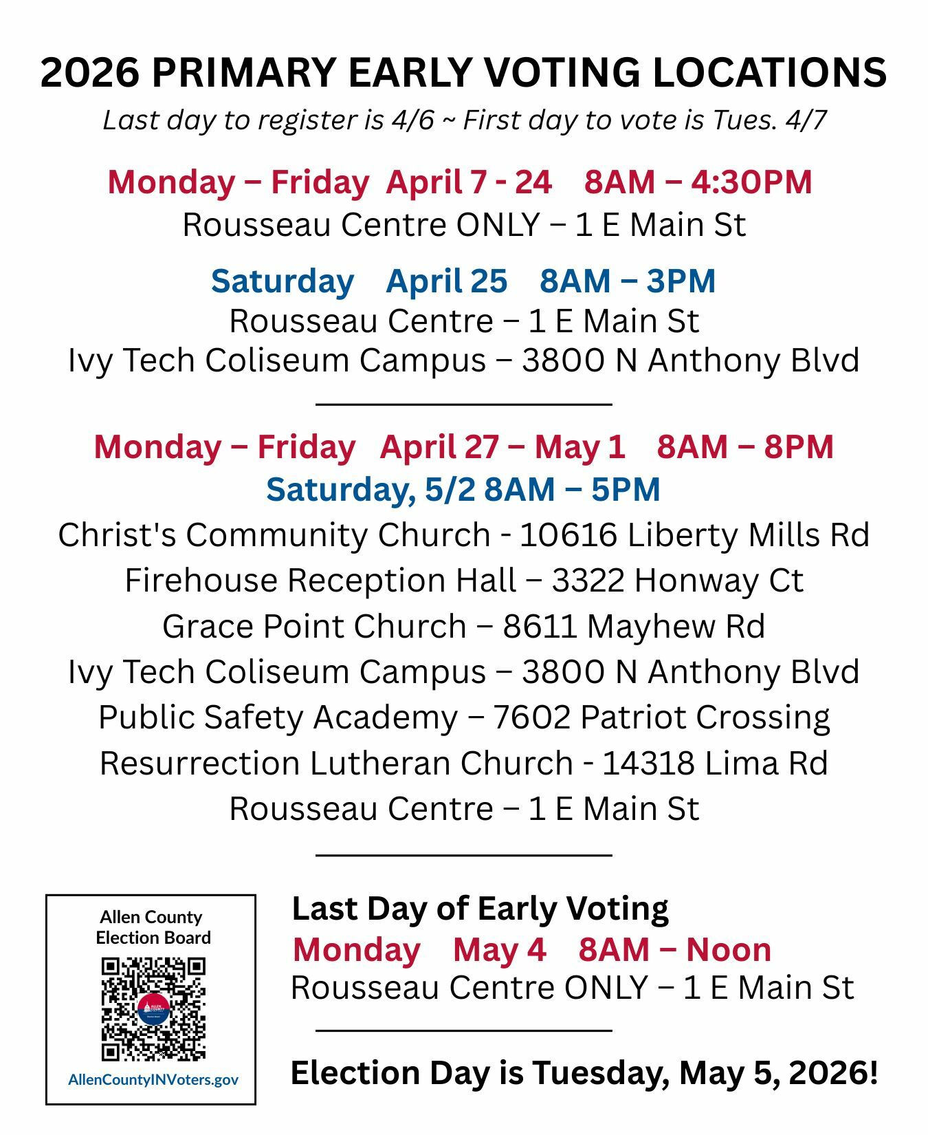 2026 Primary Early Voting Locations