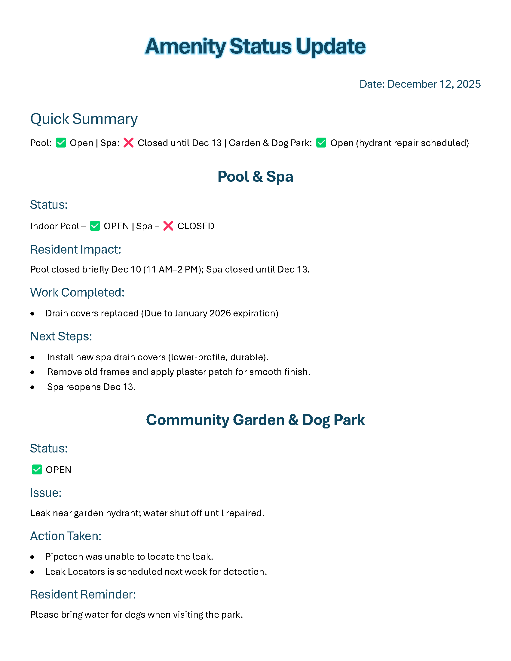 Amenity Status Report 12.12.25