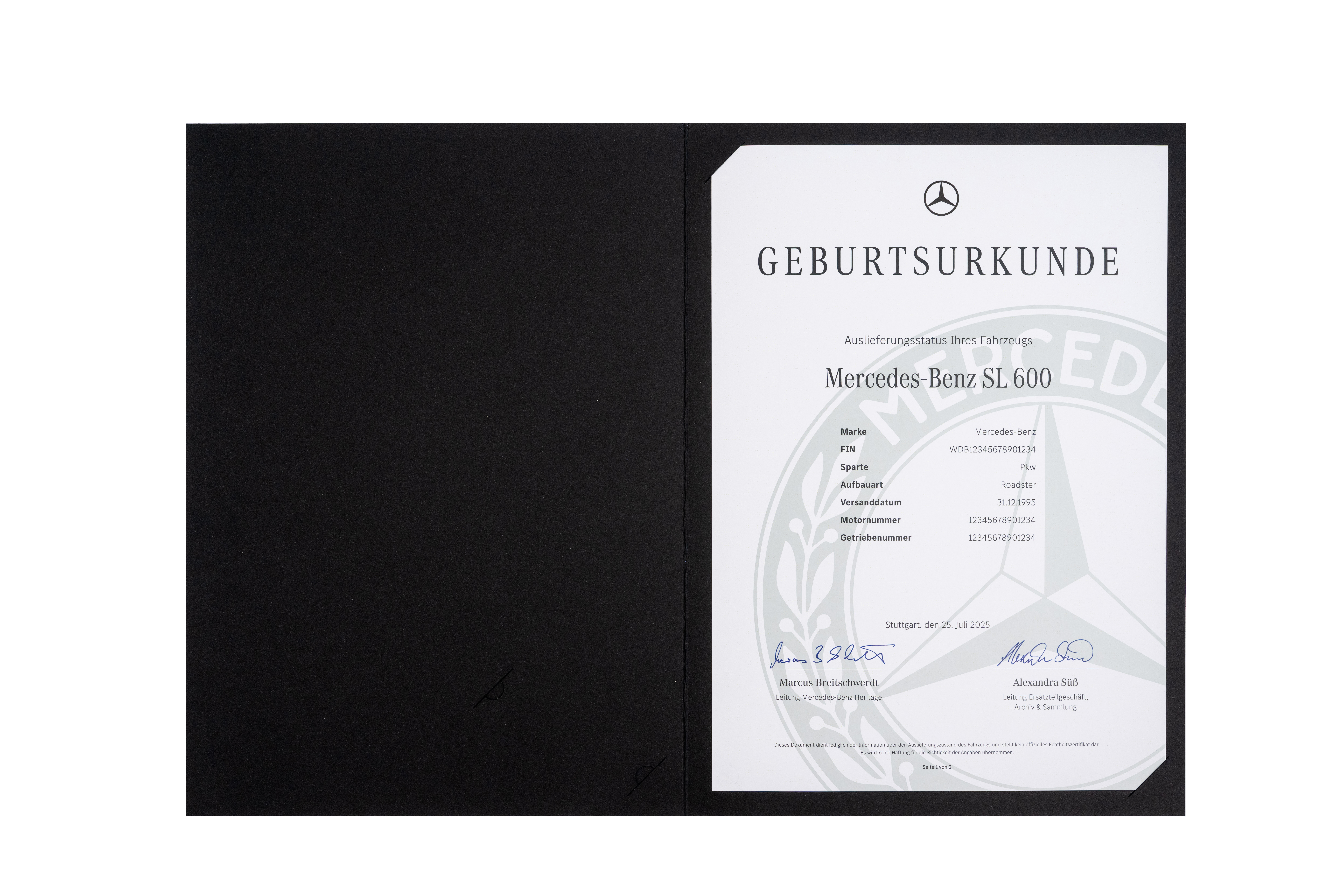 Mercedes-Benz birth certificate open