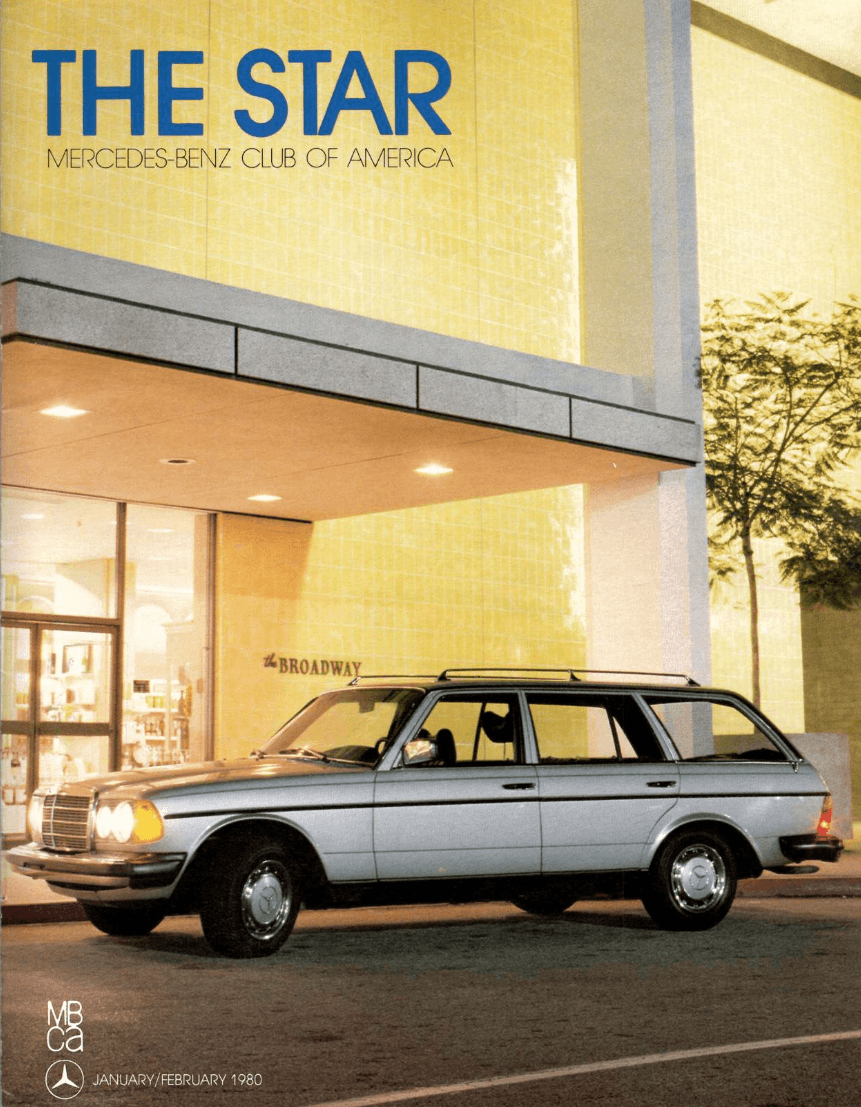 Silver Mercedes-Benz W 123 parked in front of The Broadway.