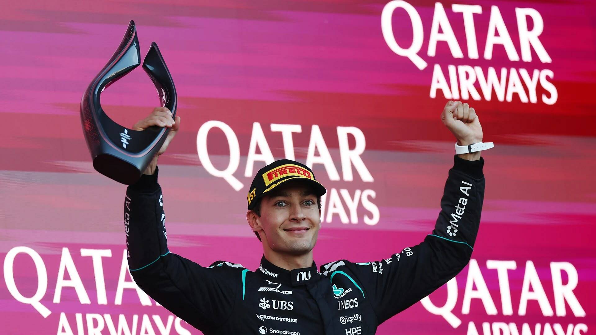 George Russell at the podium at the Azerbaijan Grand Prix