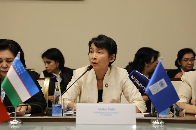 Akiko Fujii, UNDP Resident Representative in Uzbekistan, speaking at the launch