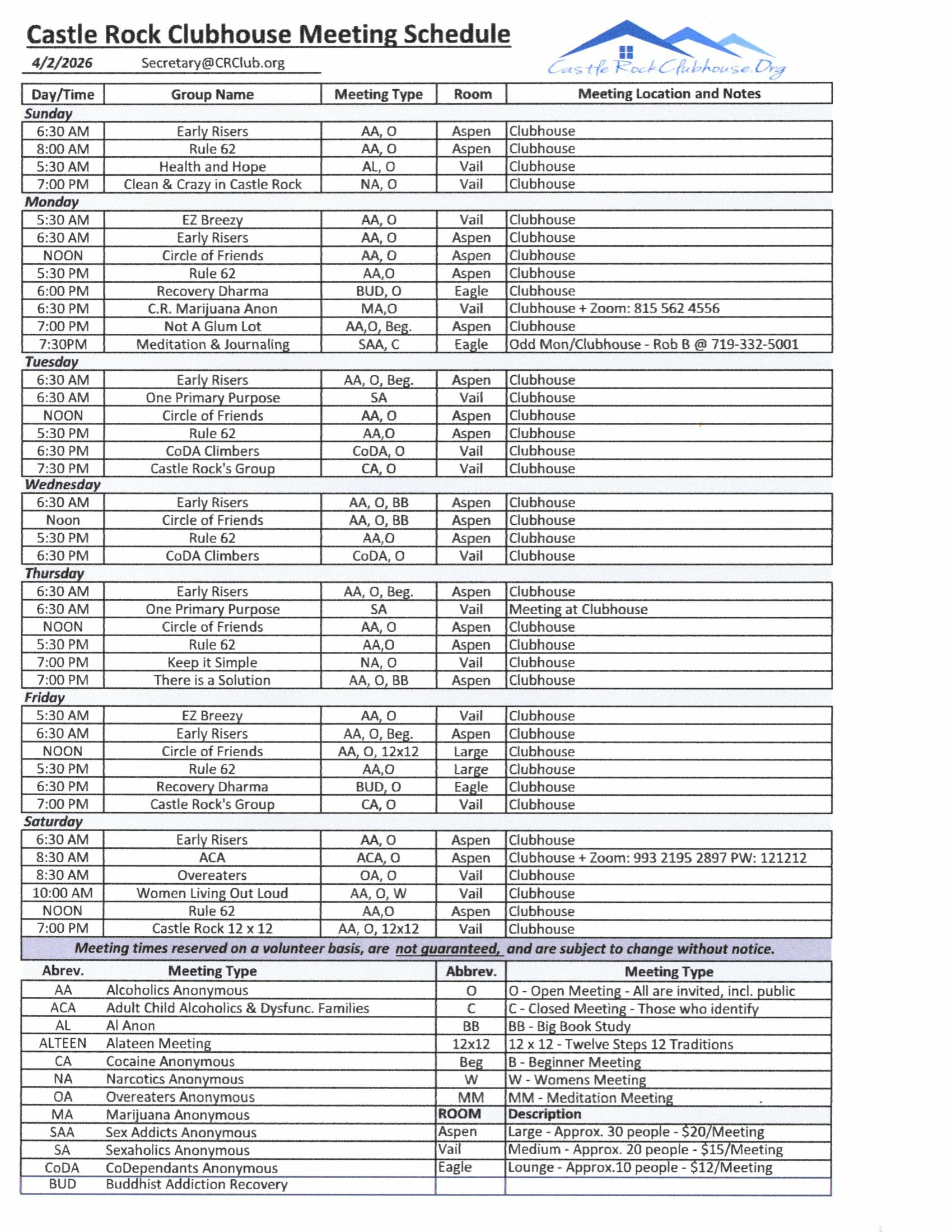 Meeting Schedule - 2026-04-02